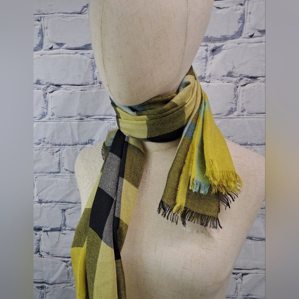Burberry Women's Scarf Yellow Black Nova Check Silk Cashmere Italy 70" x 20" - Picture 4 of 15